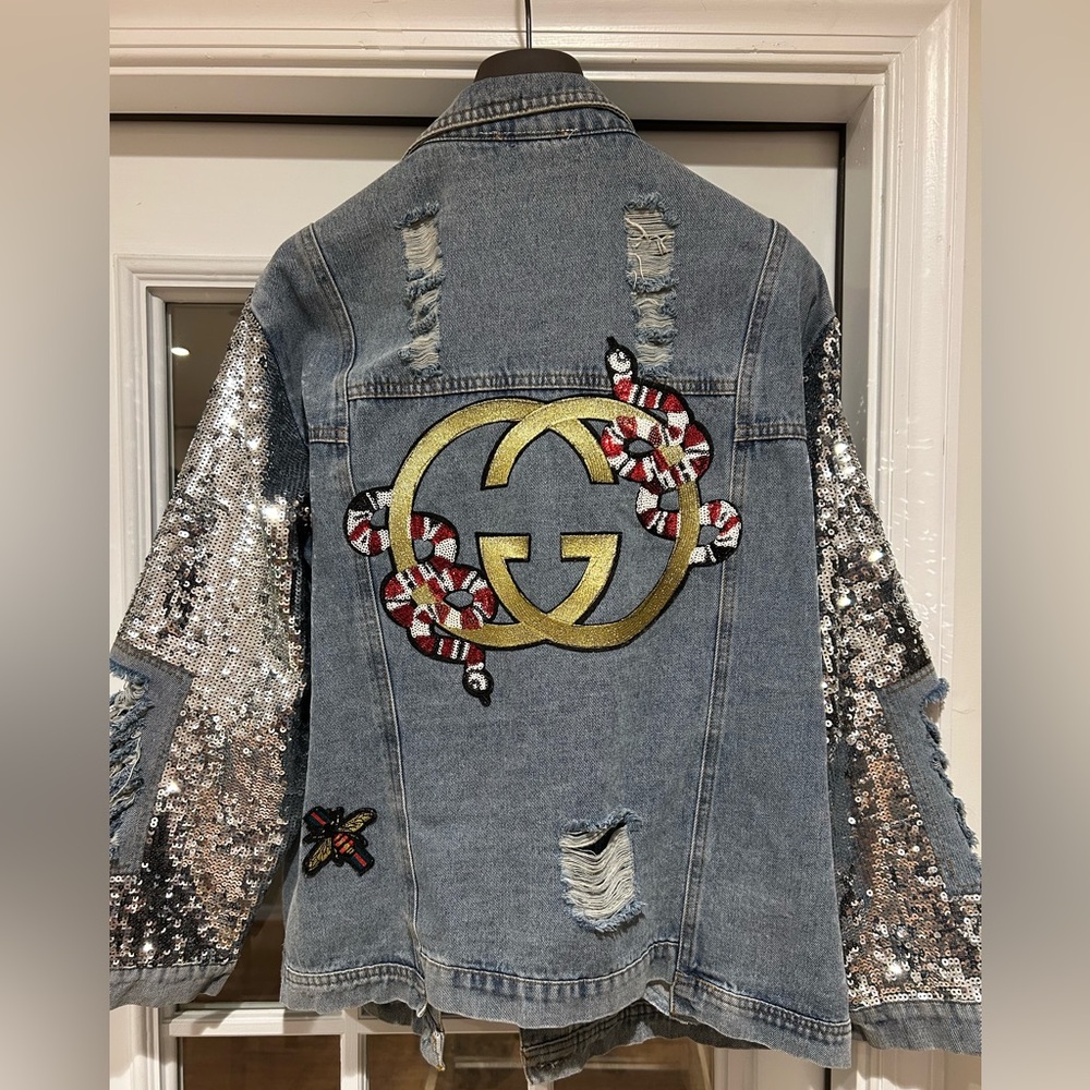 Blue Denim GG Jacket with Silver Sequin Sleeves